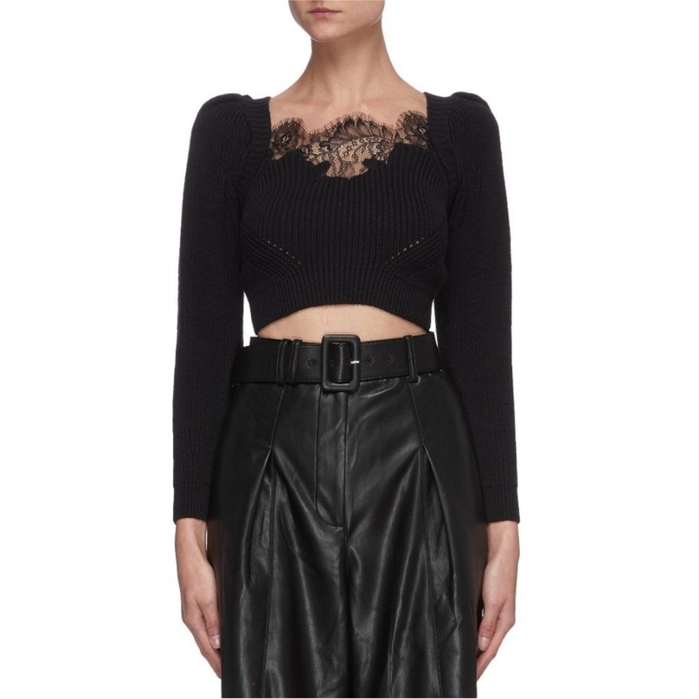 NWT! Self Portrait Black Lace Puff Sleeve Cropped Sweater Size Medium